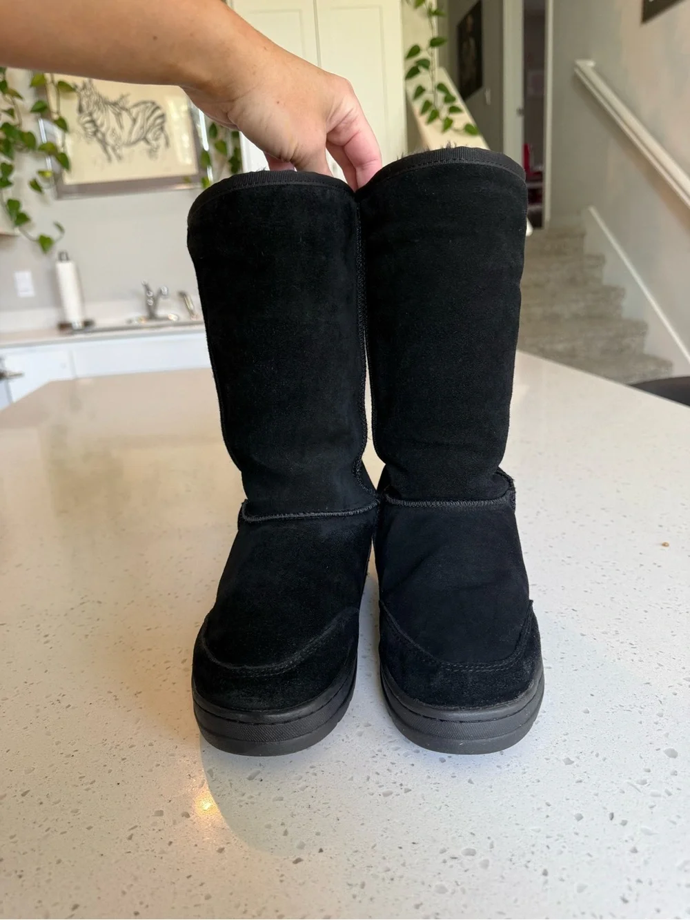 UGG Black Suede Mid-Calf Boots with Contrast Stitching